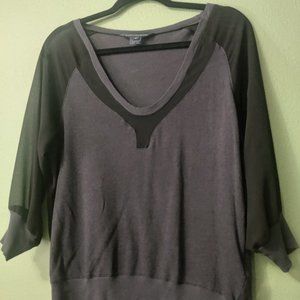 EUC Sz S Muted Midnight Blue with Sheer Black Chiffon Inserts 3/4 sleeves Top